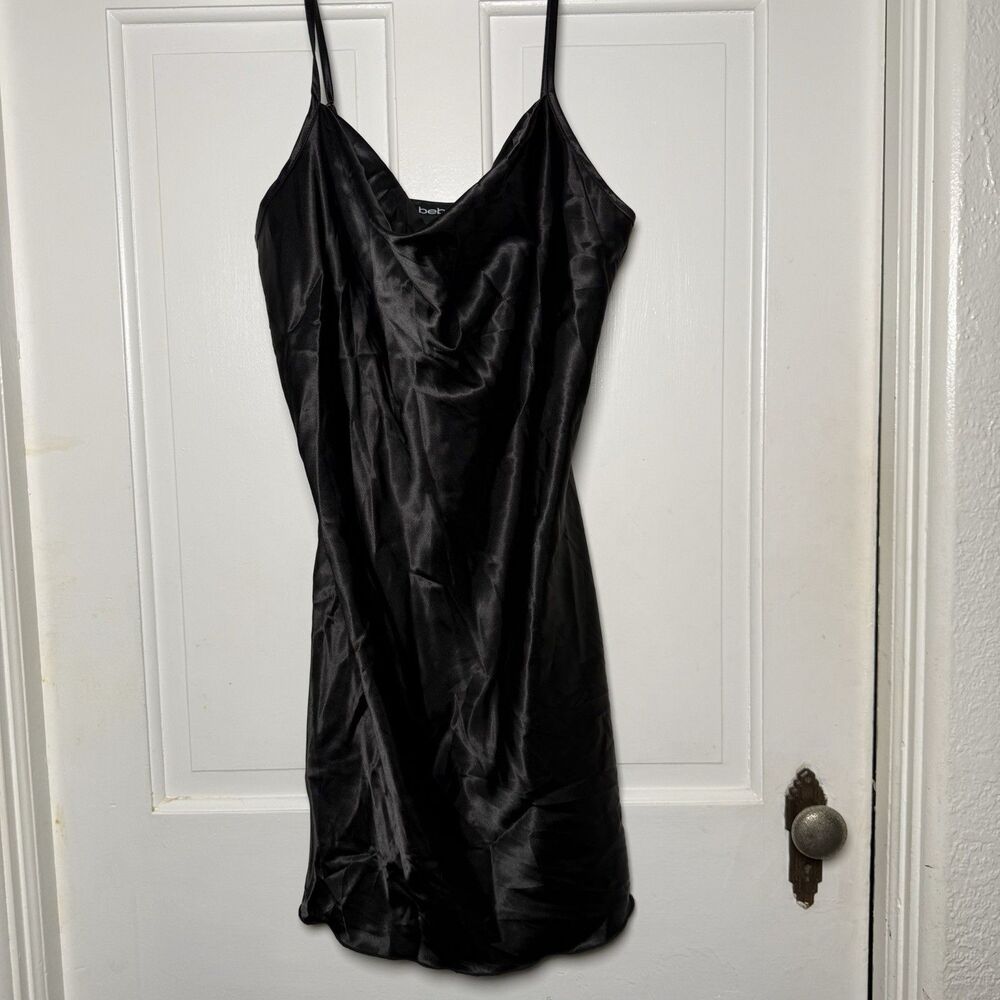 Bebe Solid Satin Cowl Neck Mini Black Dress Adjustable Straps Size XL